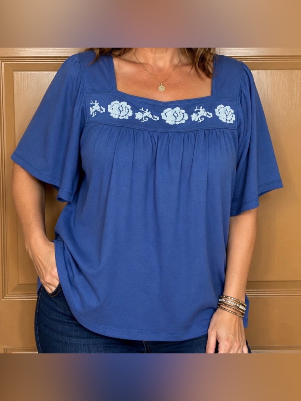 Rebecca Malone Navy Floral Embroidered Square Neck Top Women’s Large NWT